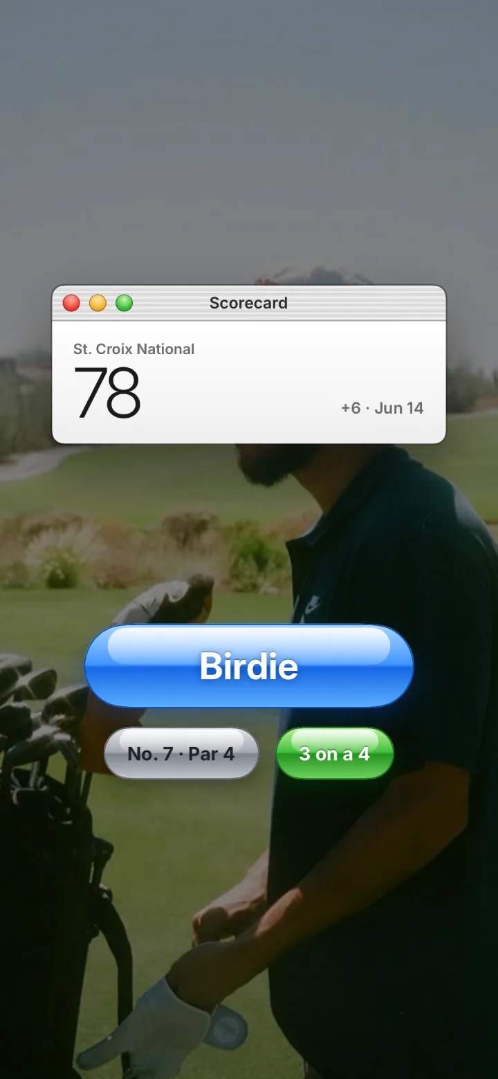 Glossy scorecard window with birdie buttons