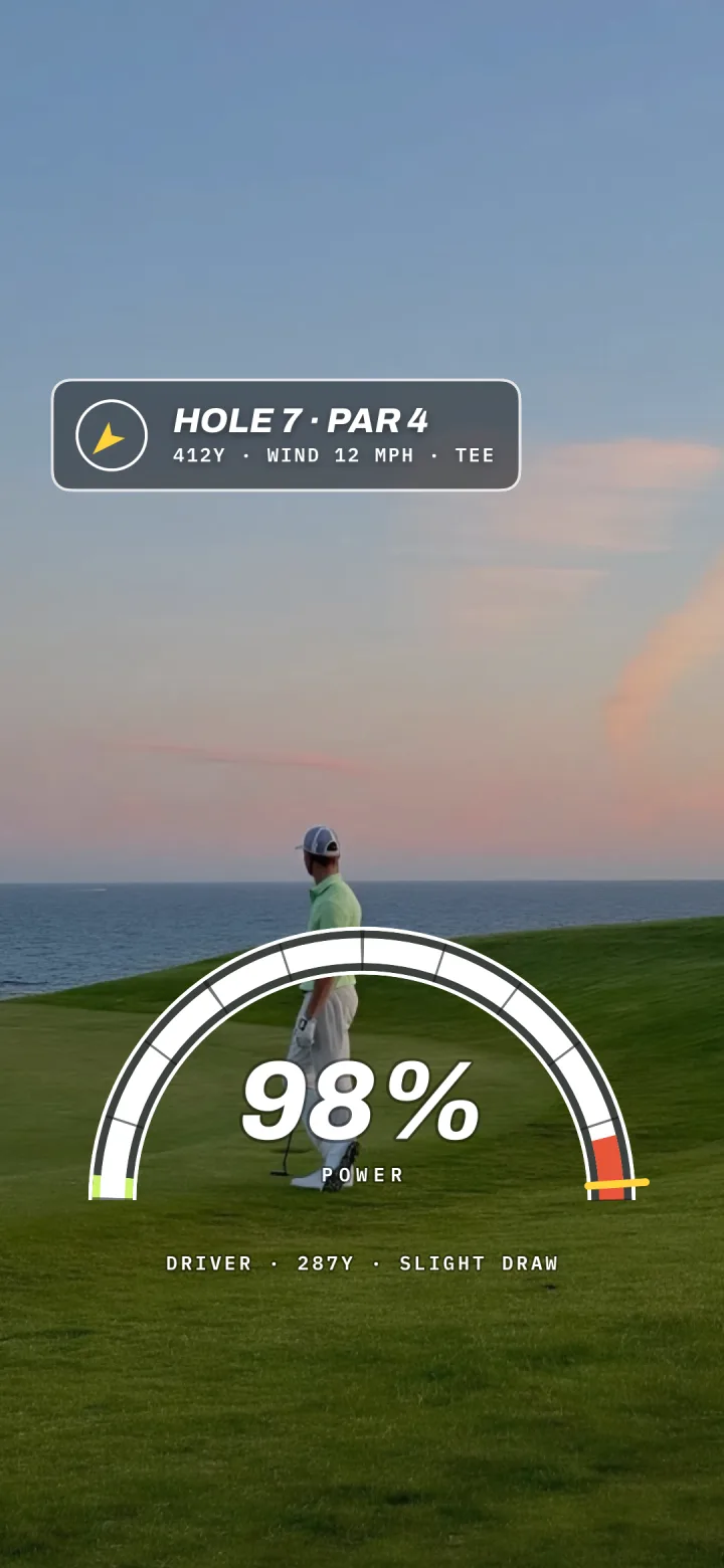 Video-game swing meter showing power and club